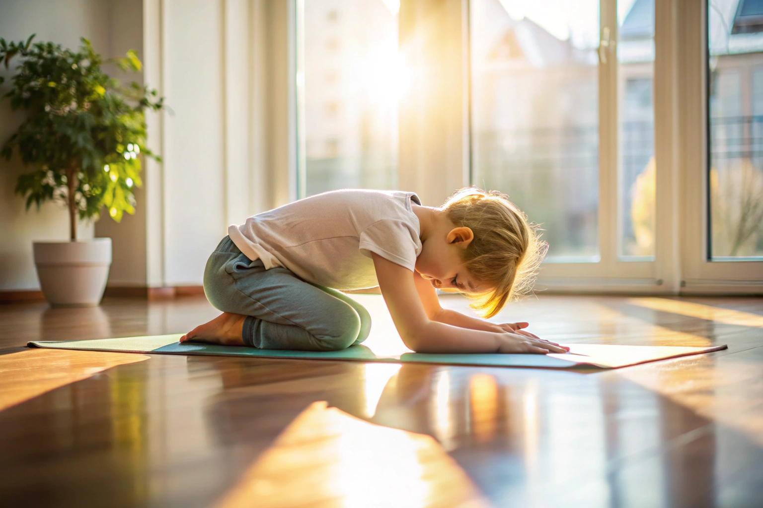 Una persona realizando la postura del niño en una habitación luminosa con luz natural, mostrando relajación y serenidad