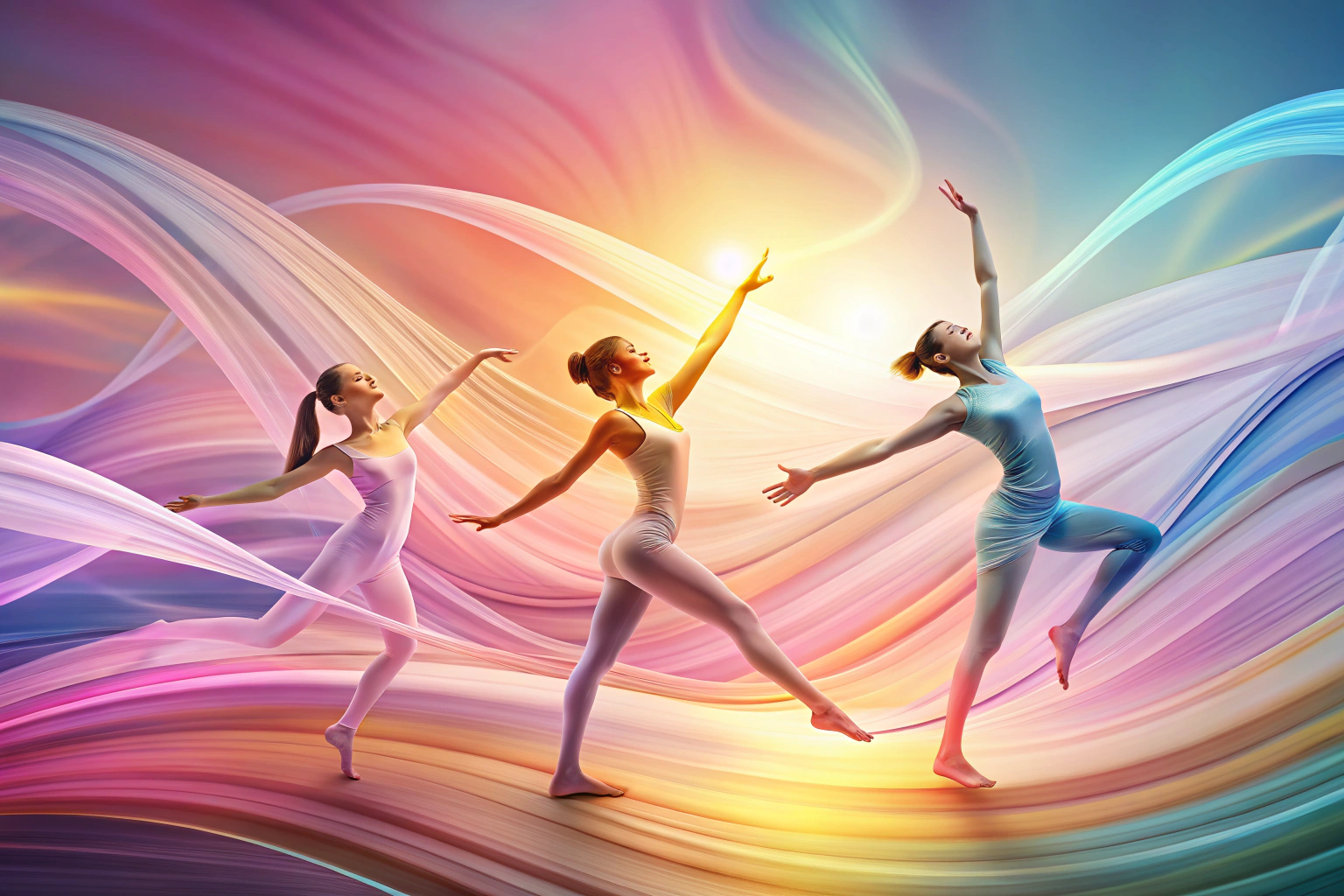 Una imagen abstracta que simboliza armonía y movimiento, con formas onduladas en tonos pastel que fluyen suavemente, evocando la esencia del yoga y la gimnasia sin elementos textuales o reconocibles