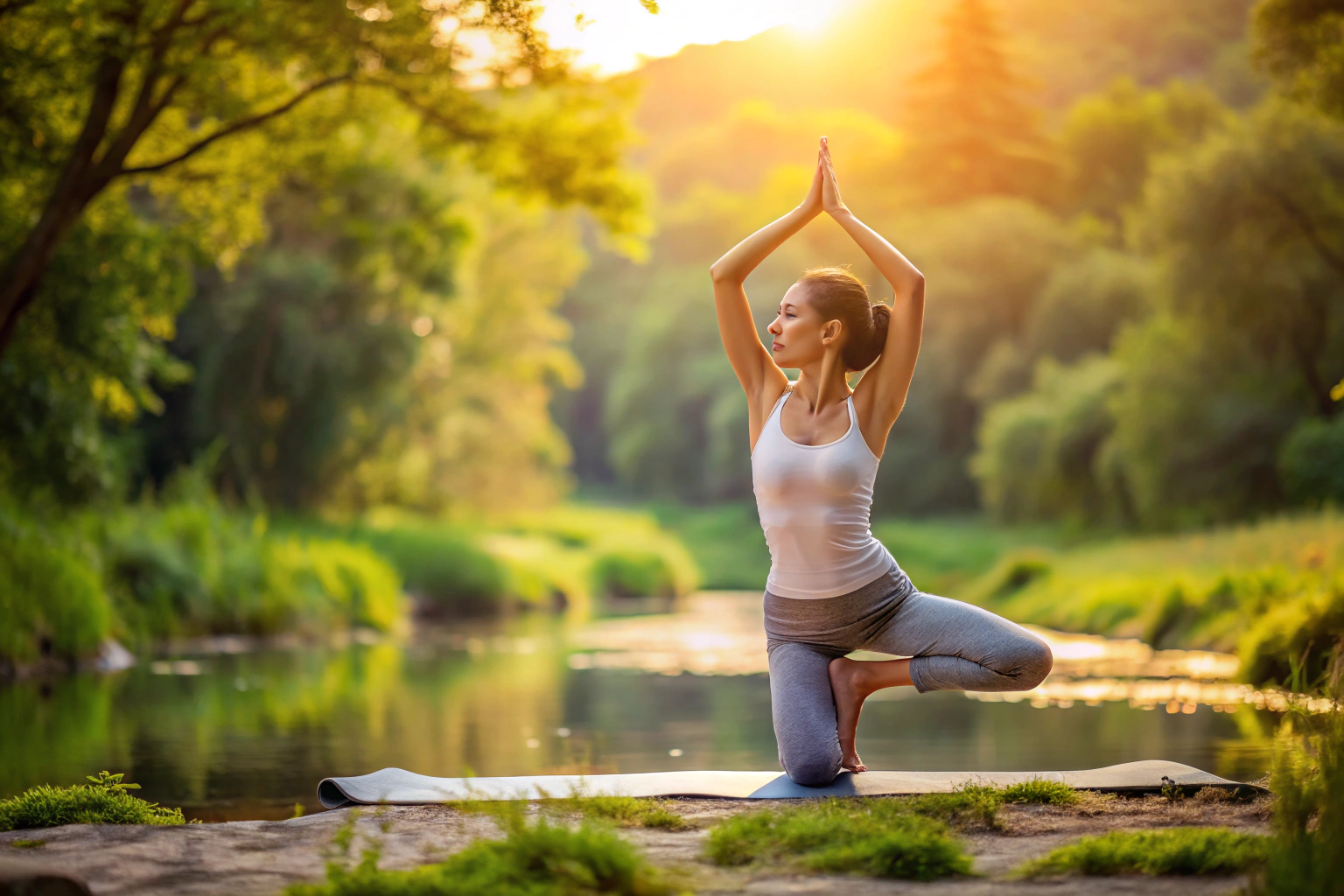 Una persona realizando una postura de yoga en un entorno natural tranquilo, con luz suave y sin elementos distractores